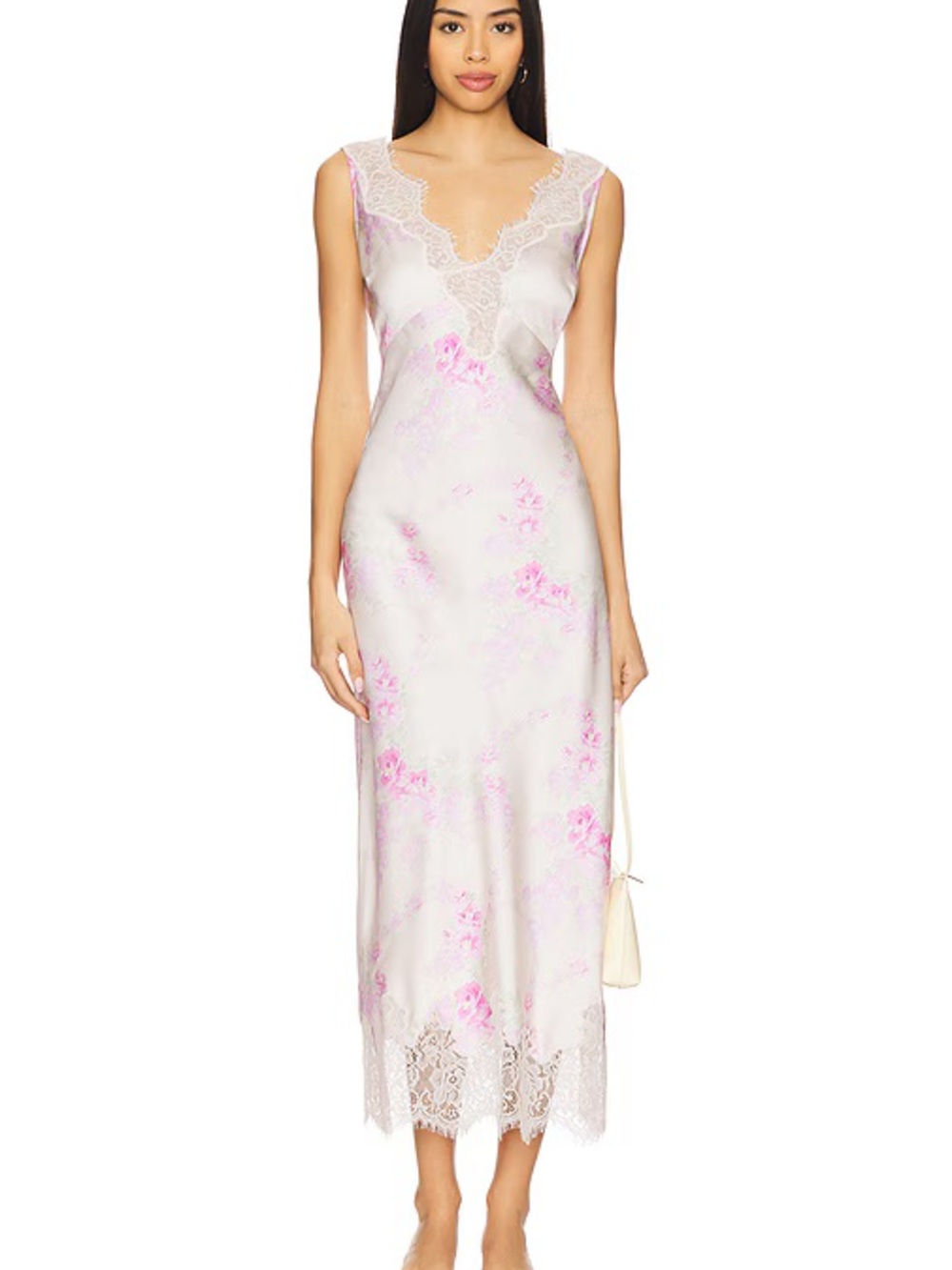 Love Shack Fancy Serene Lace-Trim Floral Maxi Slip Dress in Pink and White NWT